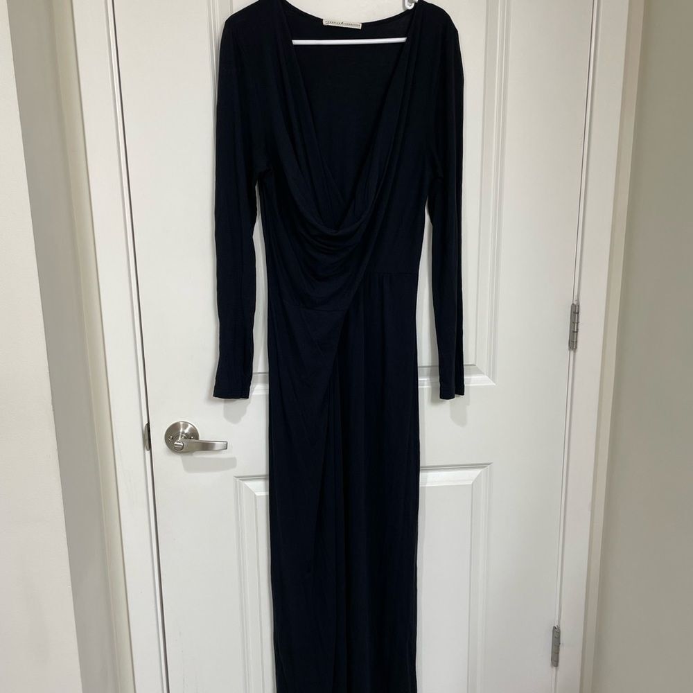 Peruvian Connection Black Draped Cowl / Faux-Wrap Long Sleeve Jersey Dress - L
